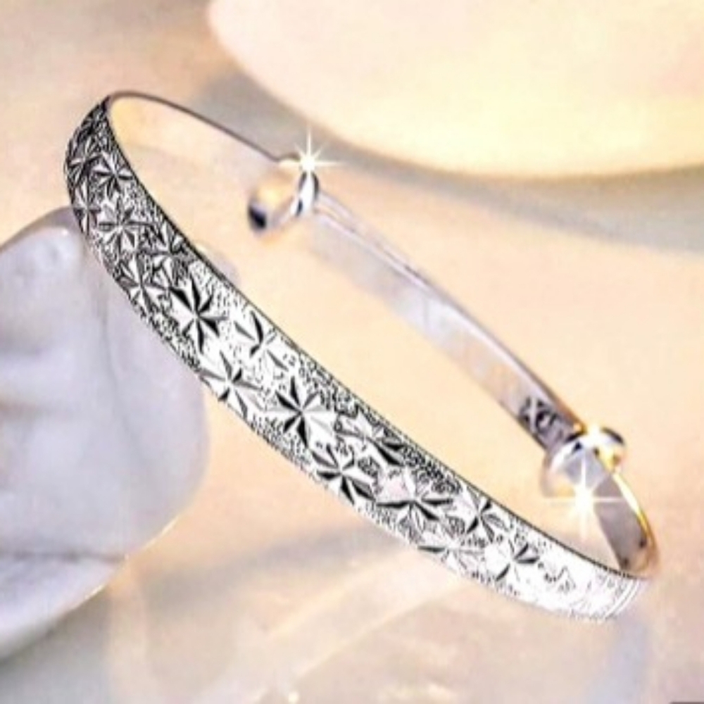 Sterling Silver 925 Patterned Star Design Bangle Bracelet - NEW
